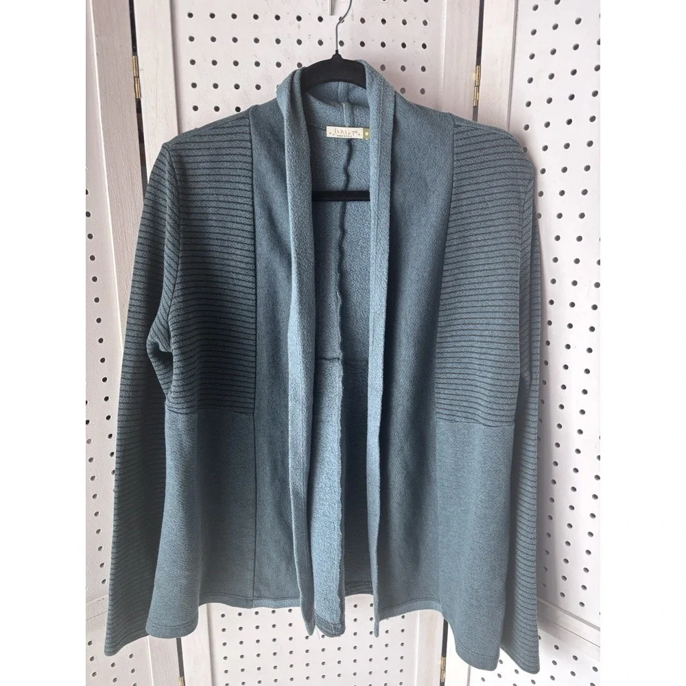 Chalet et Cici Women's M Open Front Sweatshirt Cardigan Rayon Cotton Stripe Teal